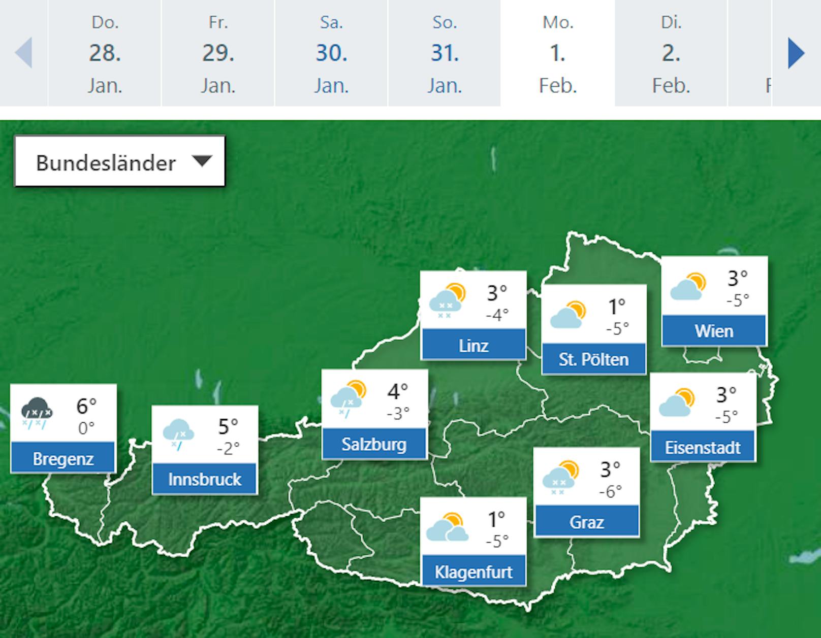 Die Wetterprognose für Österreich, 28.1. bis 2. Februar 2021