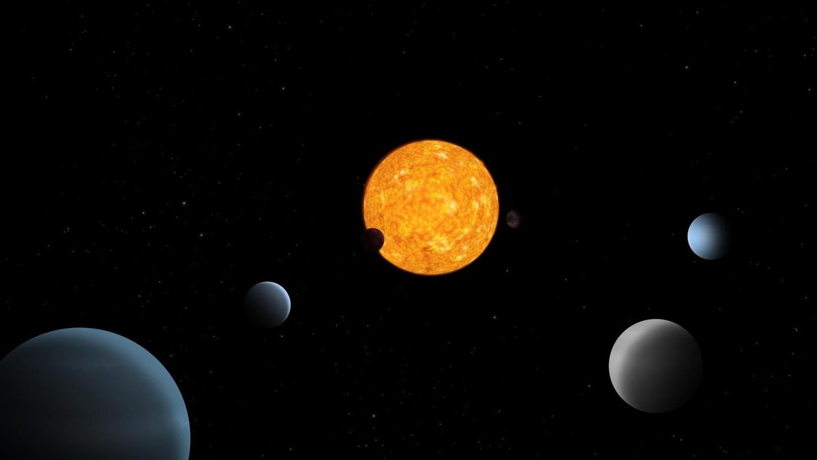 Künstlerische Darstellung des Planetensystems TOI-178: Fünf der sechs Planeten bewegen sich in einem seltenen rhythmischen Tanz um ihr Zentralgestirn.