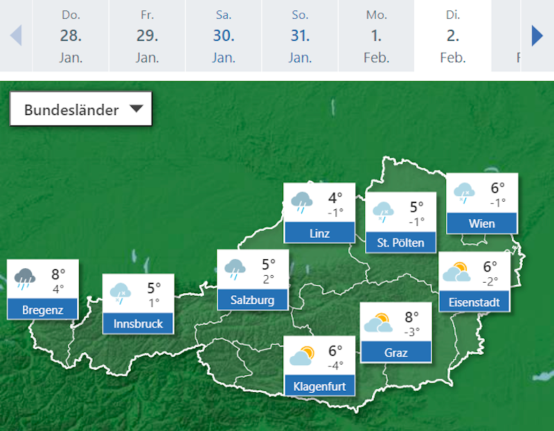 Die Wetterprognose für Österreich, 28.1. bis 2. Februar 2021