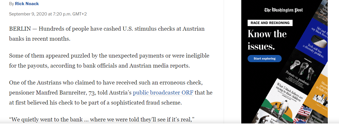 Der Linzer Pensionist Manfred Barnreiter erhielt 1.200 Dollar Corona-Bonus aus den USA. Sogar die Washington Post (hier ein Auszug der Online-Geschichte) berichtete darüber.