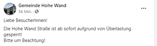 Die Straße zur Hohen Wand ist gesperrt.