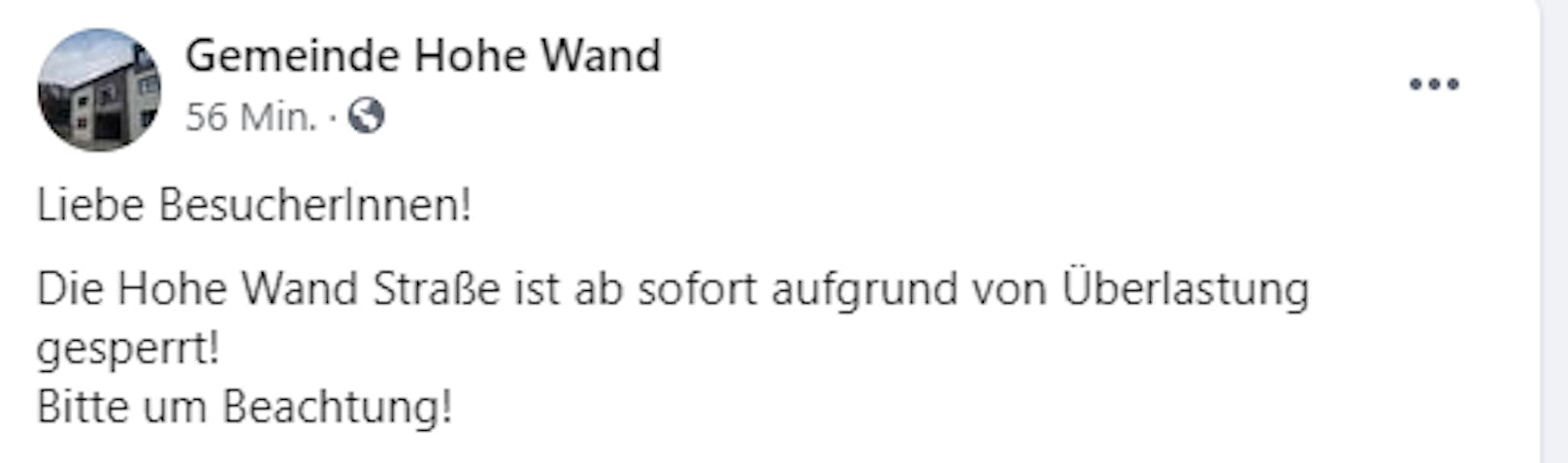 Die Straße zur Hohen Wand ist gesperrt.