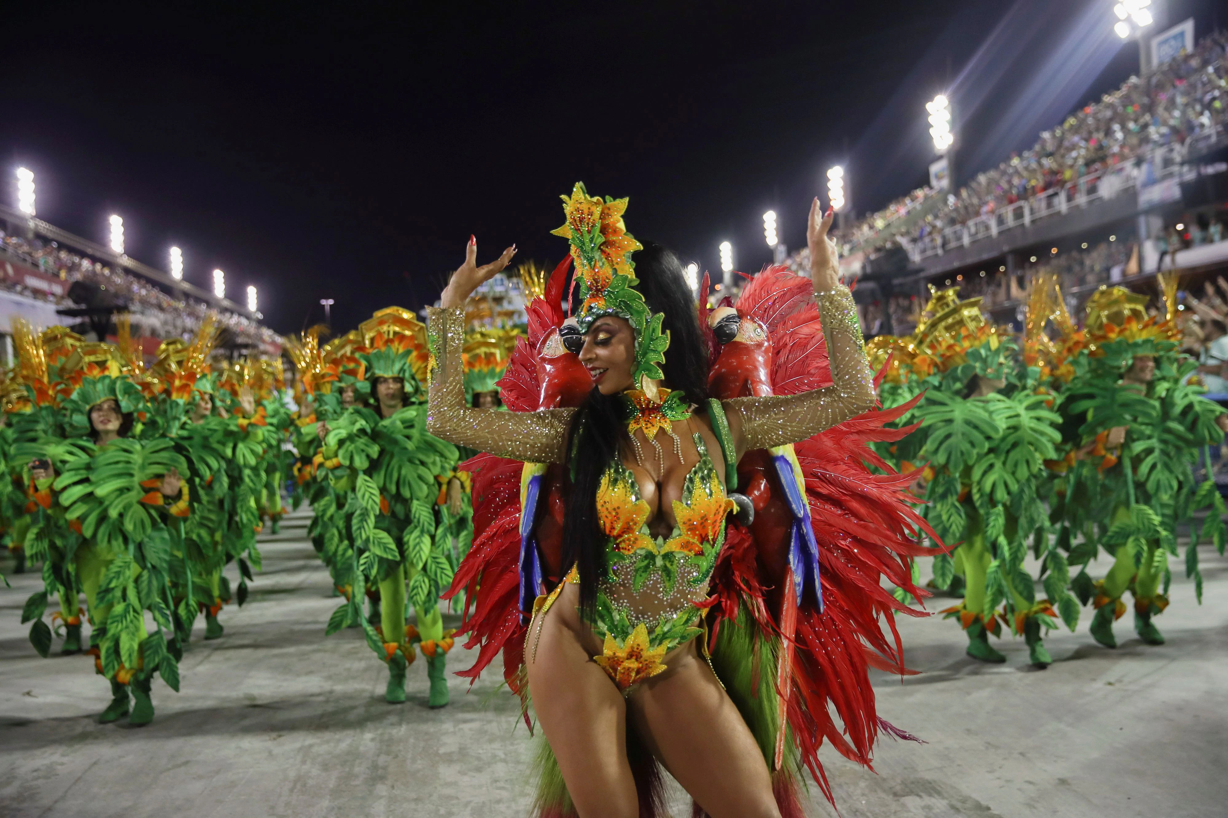 A member of Unidos da Tijuca samba school performs alongside others during the second night of the Carnival parade in Rio de Janeiro, Brazil February 25, 2020. REUTERS/Ricardo Moraes