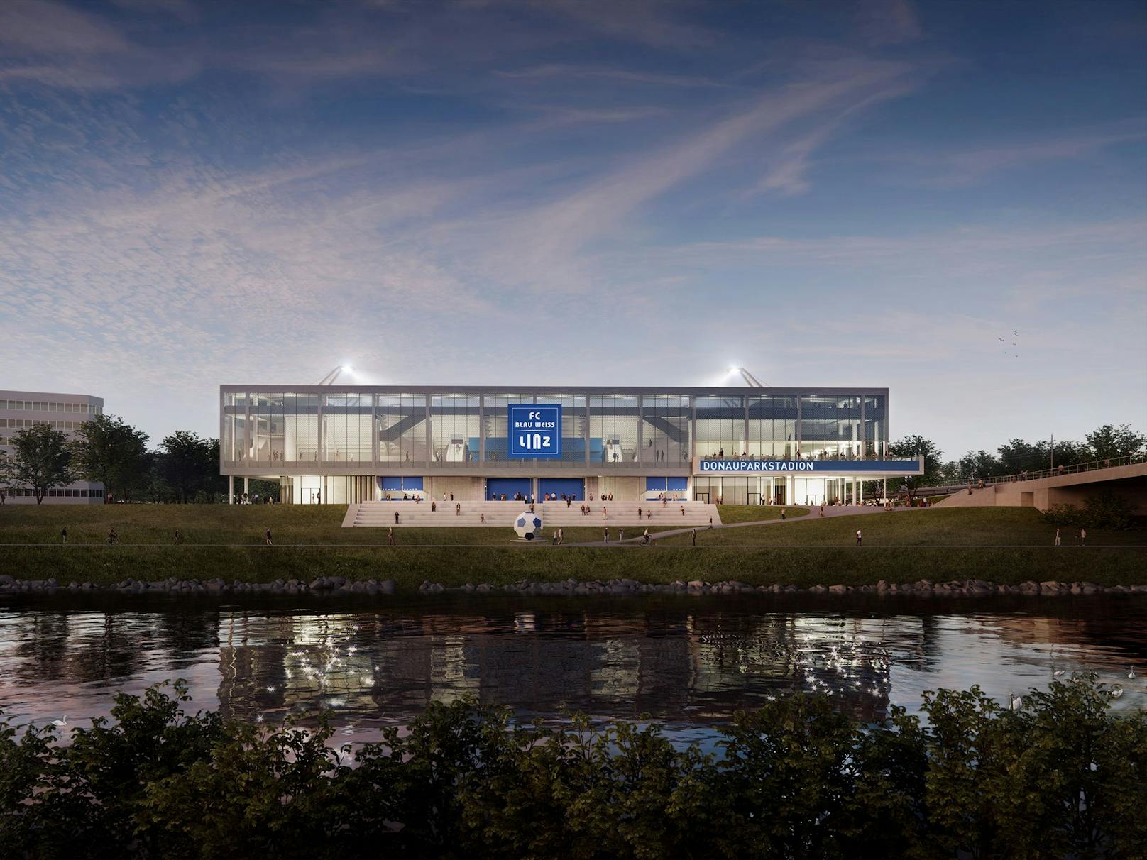 So wird das neue Stadion des FC Blau Weiß Linz von Urfahr aus gesehen ausschauen.