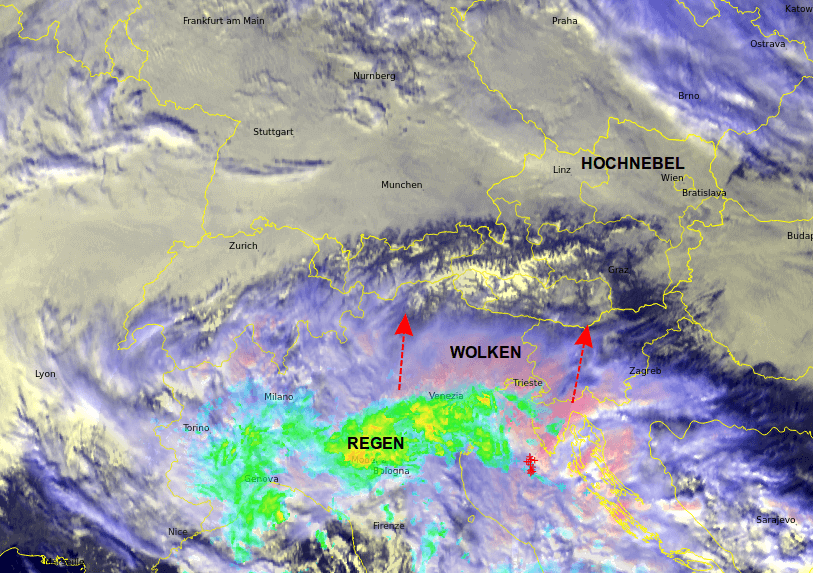 Satelliten- und Radarbild am Dienstag