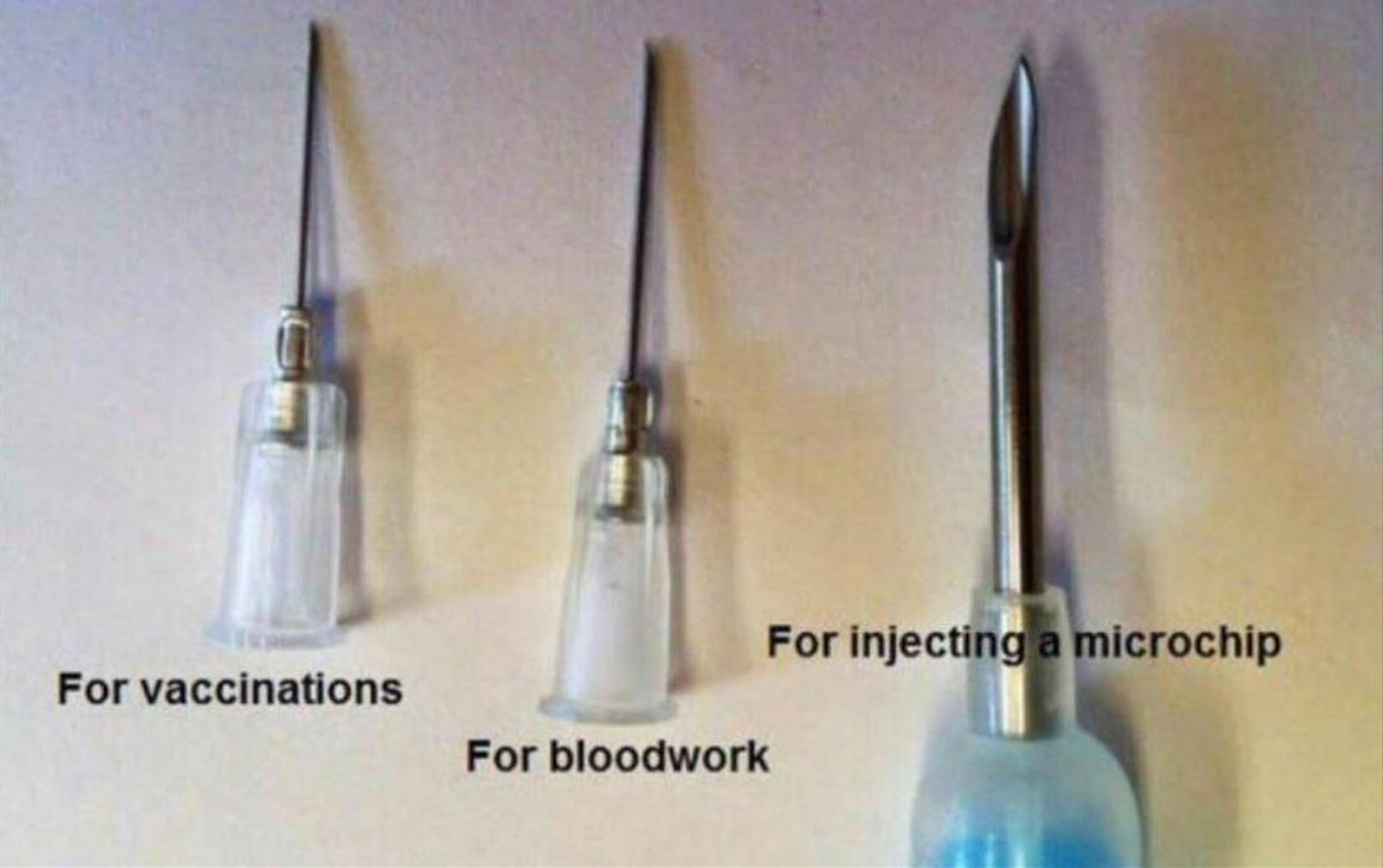 Dazu schreibt Twitter-Nutzer Russel England: "Nur zum Vergleich: Das links ist die Nadel für Impfungen, das rechts diejenige, um Mikrochips zu injizieren."
