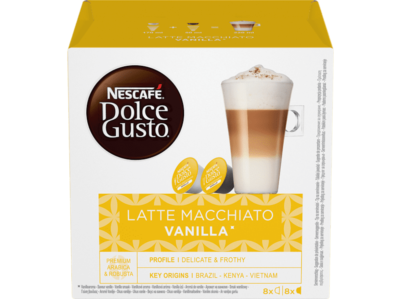 <strong>Dolce Gusto Latte Macchiato Vanilla Kaffeekapseln: </strong>Anstelle der bisherigen 188,4 Gramm Füllmenge pro Kapsel sind jetzt lediglich 153,6 Gramm enthalten. Nach wie vor kostet die Packung aber 4,99 Euro. Auch die empfohlene Menge Kaffee bleibt bei 220 Millilitern.