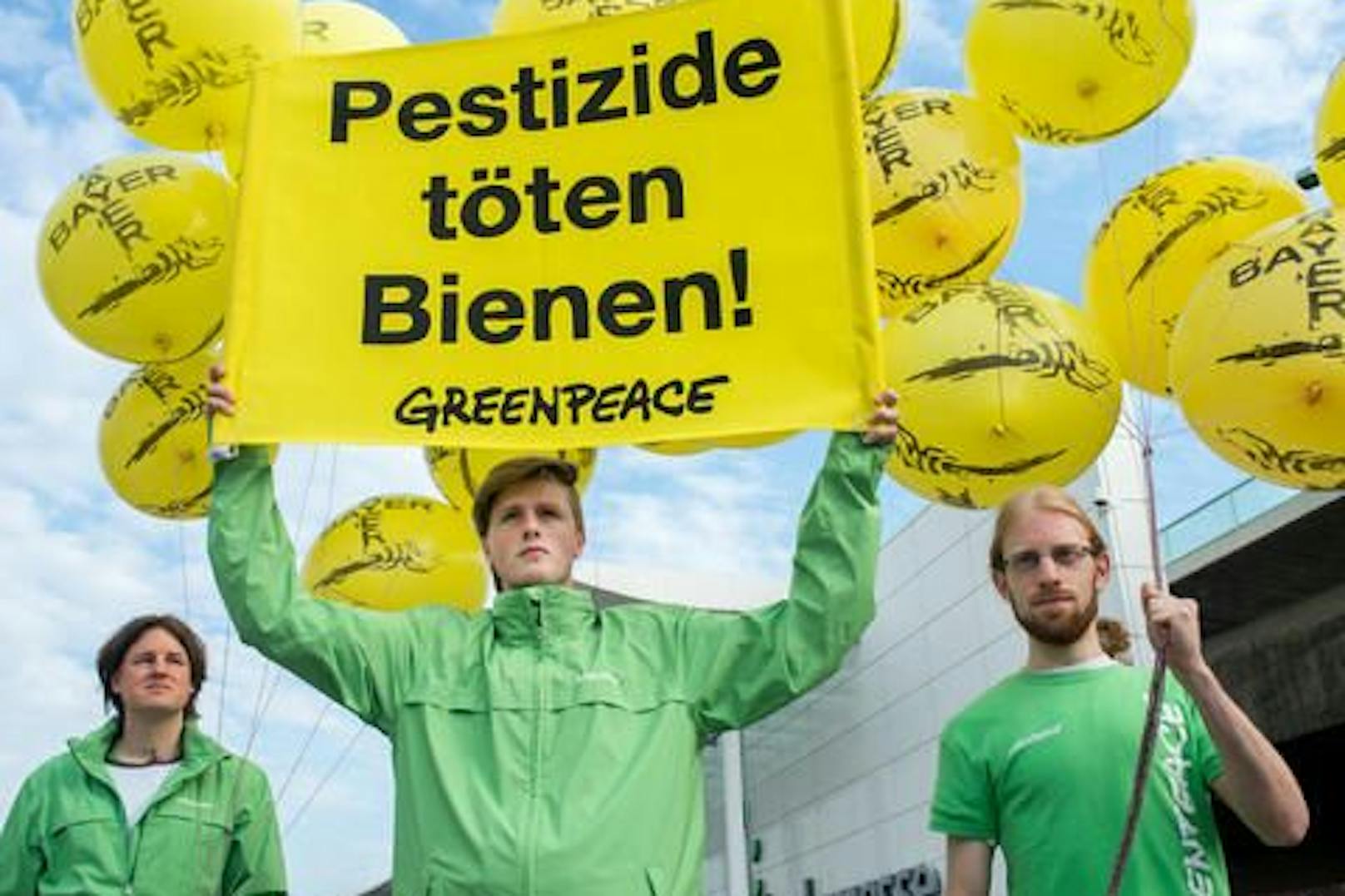 Greenpeace-Protest gegen die umstrittenen Neonicotinoide. Die Aktivisten machen darauf aufmerksam, dass das Pflanzenschutzmittel nicht nur Schädlinge, sondern auch nützliche Insekten wie Bienen und Hummeln tötet.<br>