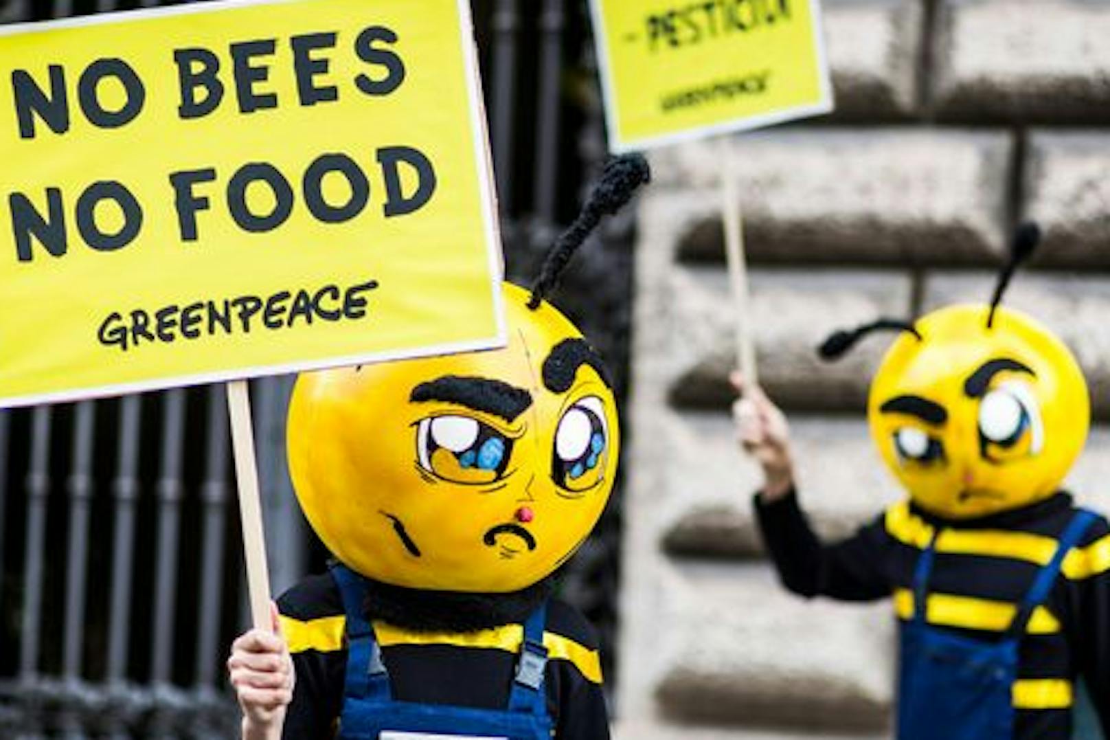 Greenpeace-Aktivisten, gekleidet wie Arbeiter-Bienen im "Streik", fordern ein Neonicotinoide-Verbot.