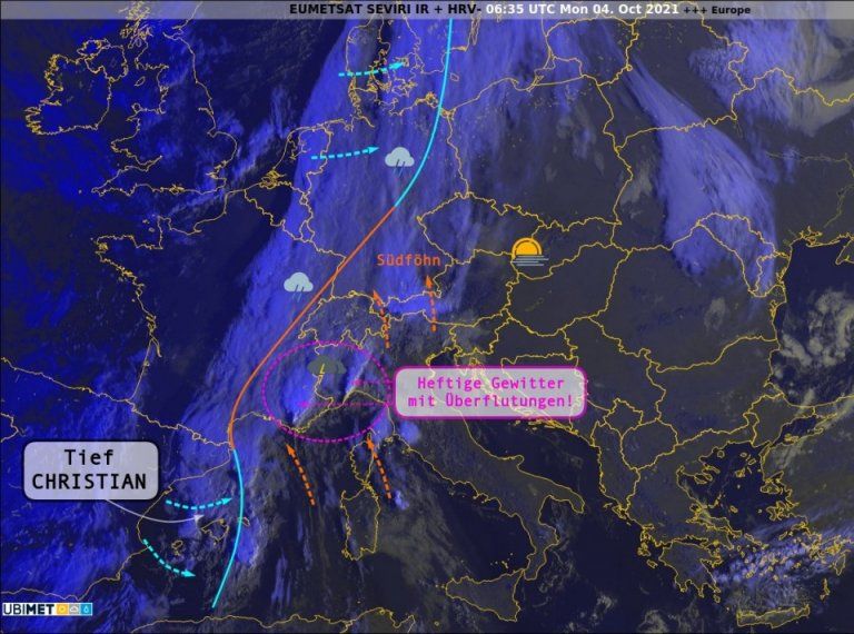 Satellitenbild und Wetterlage am Montagmorgen.