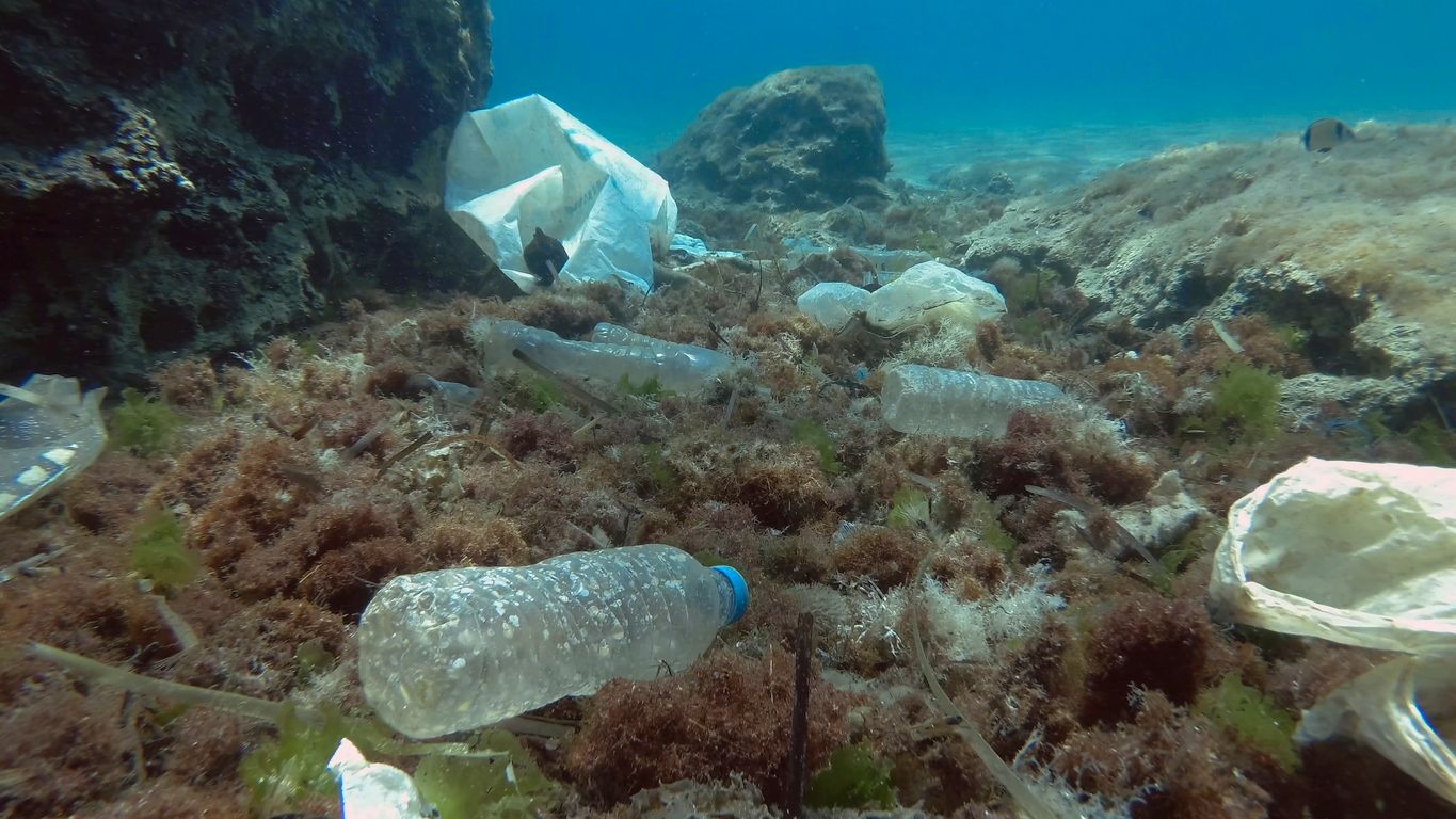 Massive plastic pollution of the ocean bottom. Seabed covered with a lot of plastic garbage. Bottles, bags and other plastic debris on seabed in Mediterranean Sea. Plastic pollution of the Ocean