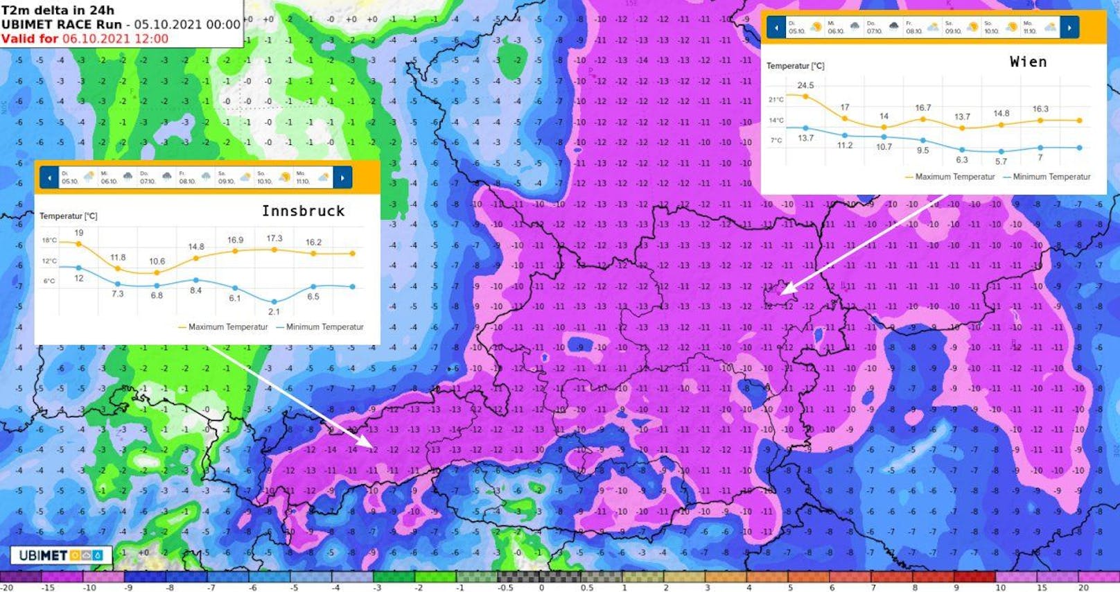 In weiten Teilen Österreichs sinkt die Temperatur bis Mittwoch um mehr als 10 Grad (violett) ab.