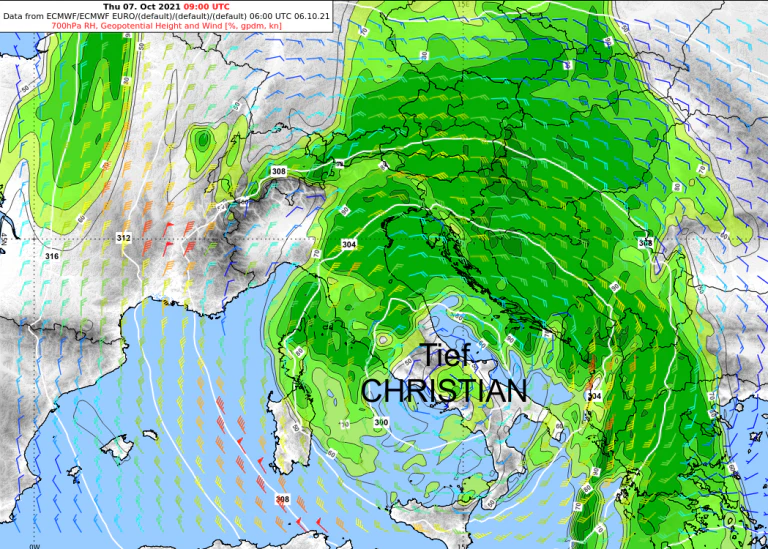 Tief Christian sorgt am Donnerstag für eine Ostlage (grün = rel. feuchte Luft in der Höhe)