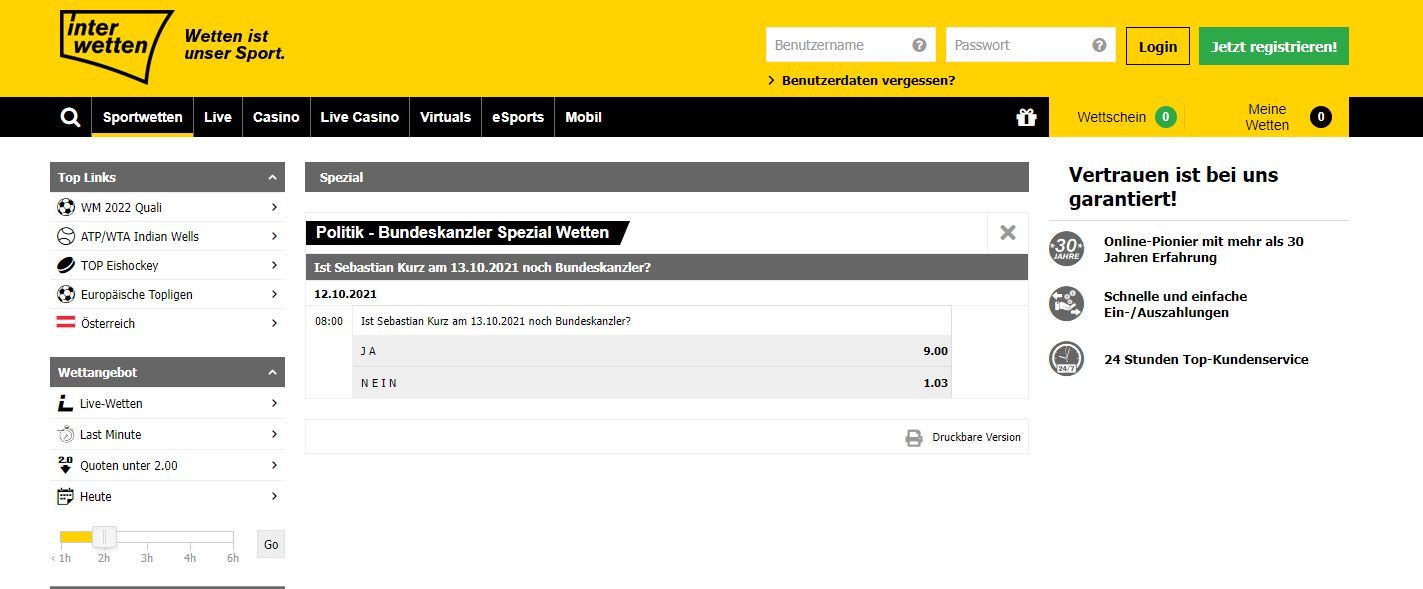 "Interwetten" bietet eine Bundeskanzler-Spezial-Wette an.
