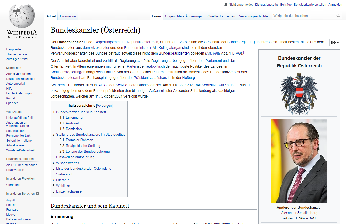 Ebenfalls schon geändert ist der Wikipedia-Artikel von Alexander Schallenberg und jener über das österreichische Bundeskanzleramt allgemein.