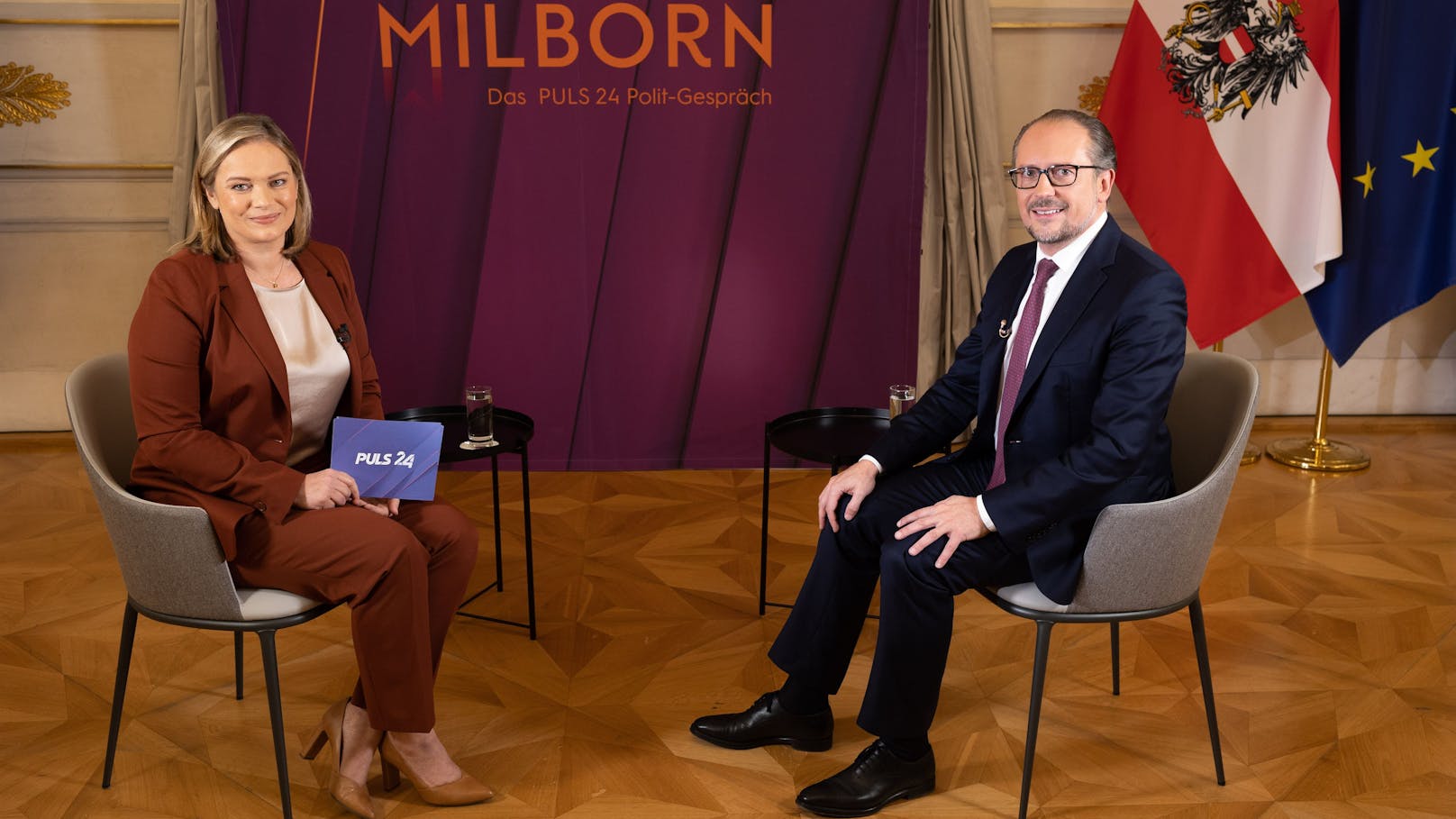 Bundeskanzler Alexander Schallenberg im Puls24-Interview mit Corinna Milborn.