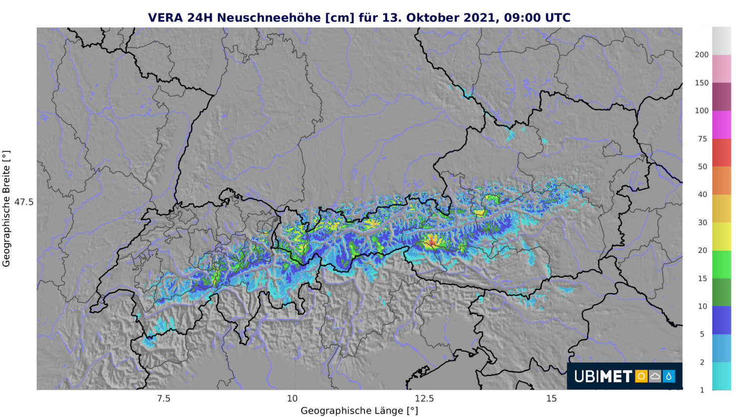 24-Stunden Neuschneehöhe am 13. Oktober, 9 Uhr.