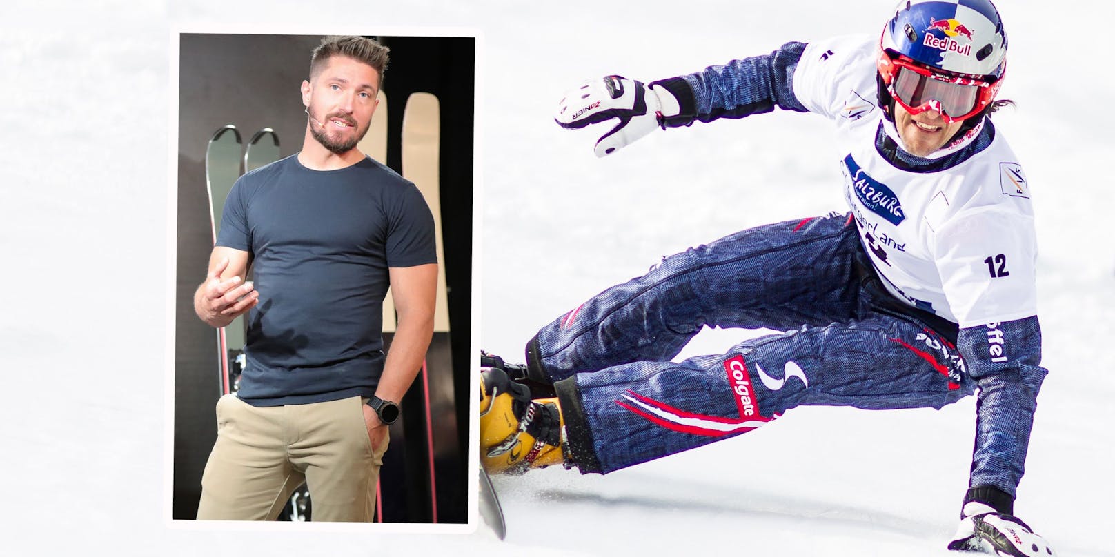 Sigi Grabner war bis 2014 österreichischer Snowboarder, wurde 2003 Weltmeister. Links: Marcel Hirscher vor seinen neuen "Van Deer"-Ski.