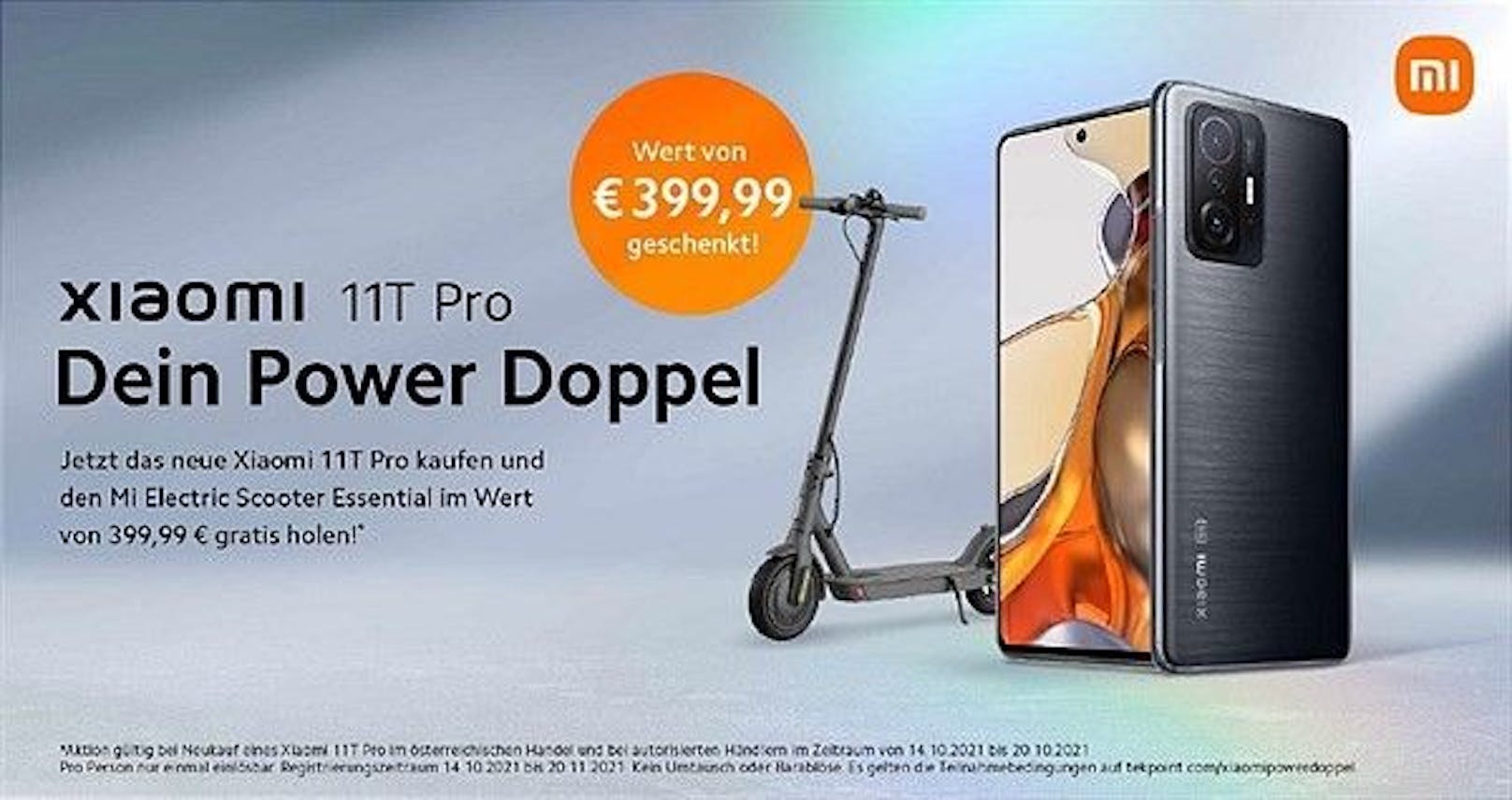 Wer beim Xiaomi 11T bis 20. Oktober besonders schnell zuschlägt, bekommt bei ausgewählten Händlern den Xiaomi Mi Electric Scooter Essential gratis dazu.