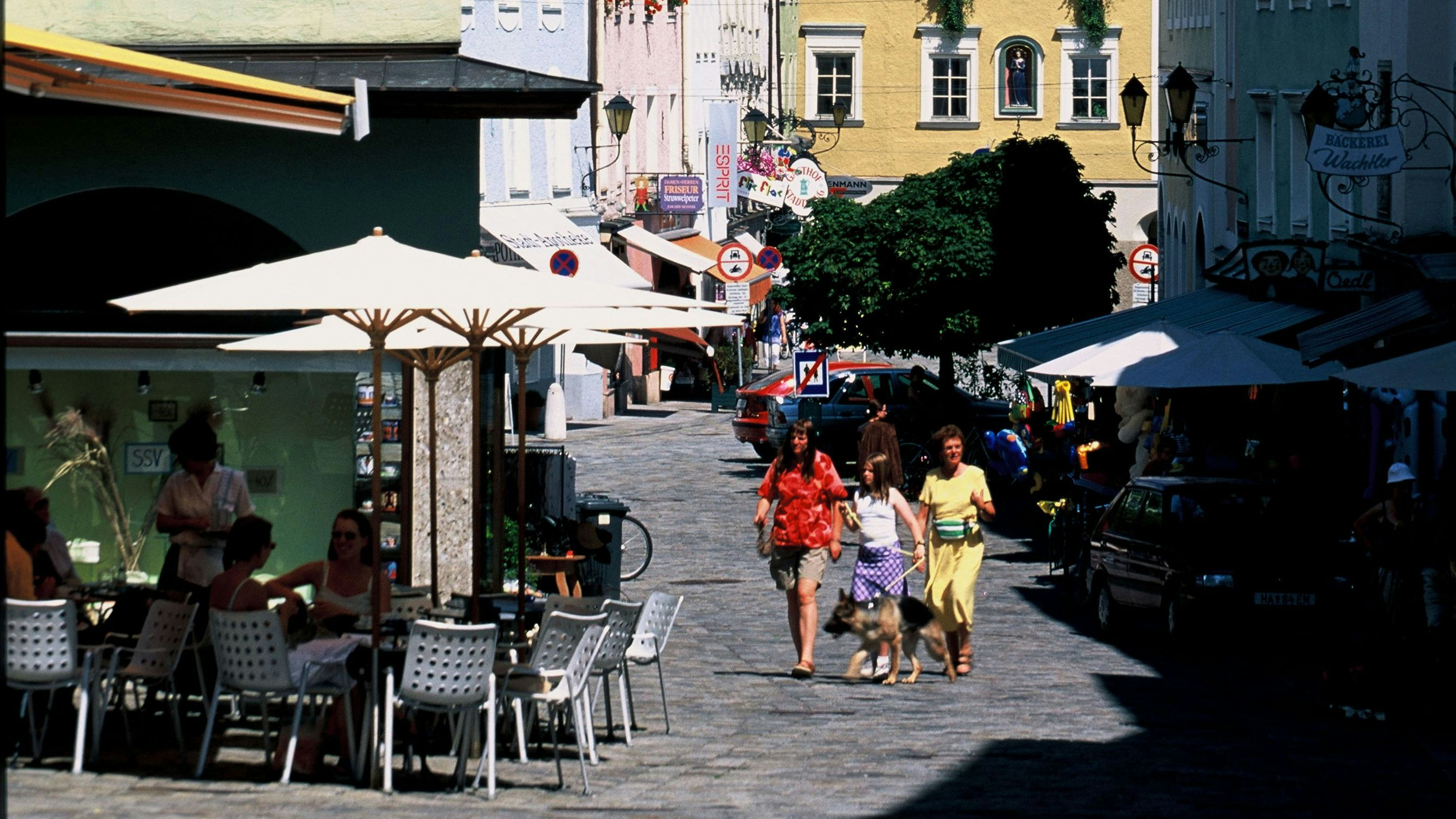 Download von www.picturedesk.com am 15.10.2021 (22:00).  © Franz PRITZ/CONTRAST - CON 536532 -- Austria, town, village, hamlet, center, centre, houses, alley, lane, sunny, shadow, view, clods, hills, alps, mountains, mountrainous region, rock mass, peolpe, family, women, walkers, pedestrians, foot passenger, dog, Alsatian, German shepard, - 20040121_PD14144 - Rechteinfo: Rights Managed (RM)