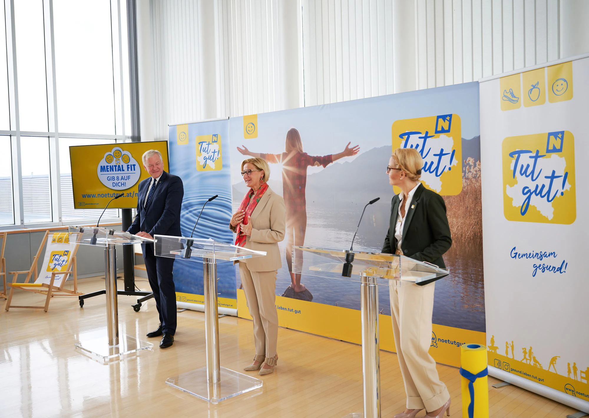 Landeshauptfrau Johanna Mikl-Leitner kündigte zusammen mit Landesrat Martin Eichtinger und "Tut gut!"-Geschäftsführerin Alexandra Pernsteiner-Kappl einen mentalen Schwerpunkt bis Jahresende an und präsentierte passend dazu die brandneue "Tut gut!"-Entspannungsmatte.