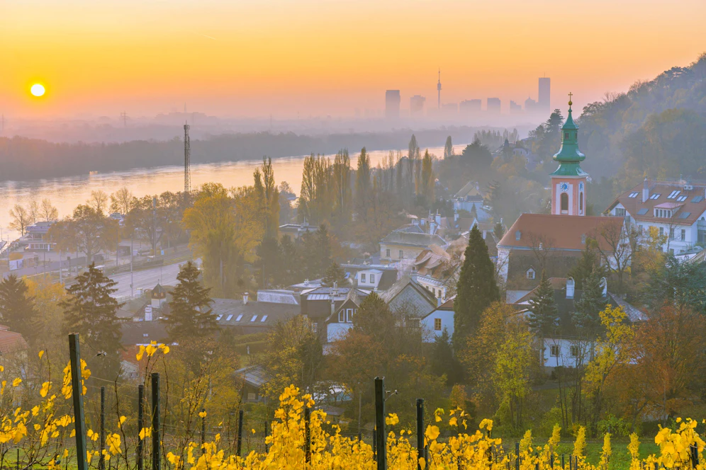 Herbstlicher Sonnenaufgang über dem Kahlenbergdörfl in Wien.