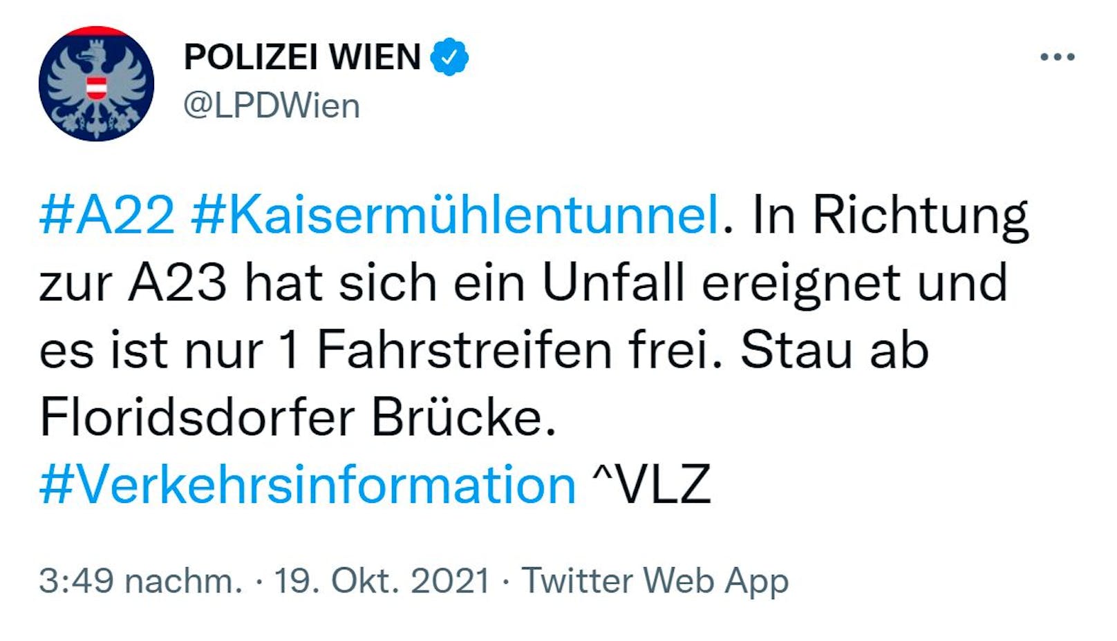Die Wiener Polizei meldete den Unfall via Twitter.