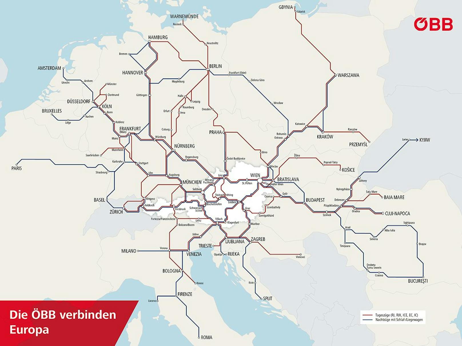 Die ÖBB-Verbindungen innerhalb Europas.