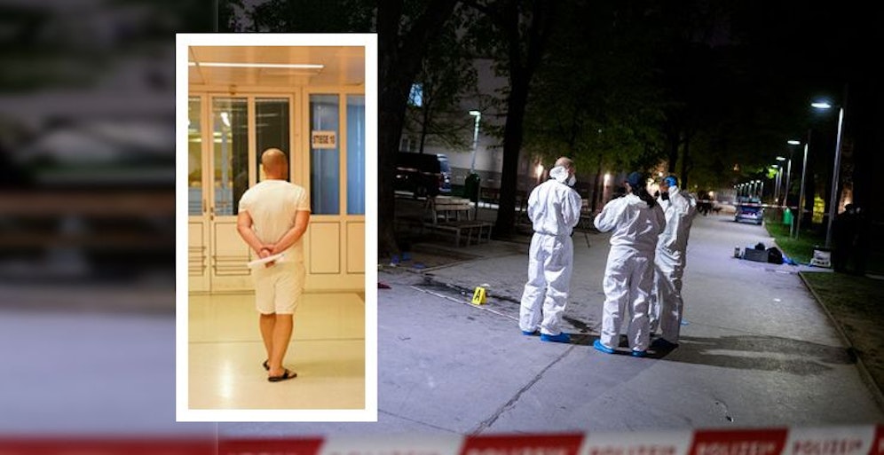 Der Bierwirt in Badeschlapfen Gericht, der Ort seiner Festnahme im Wiener Winarskyhof (r.)