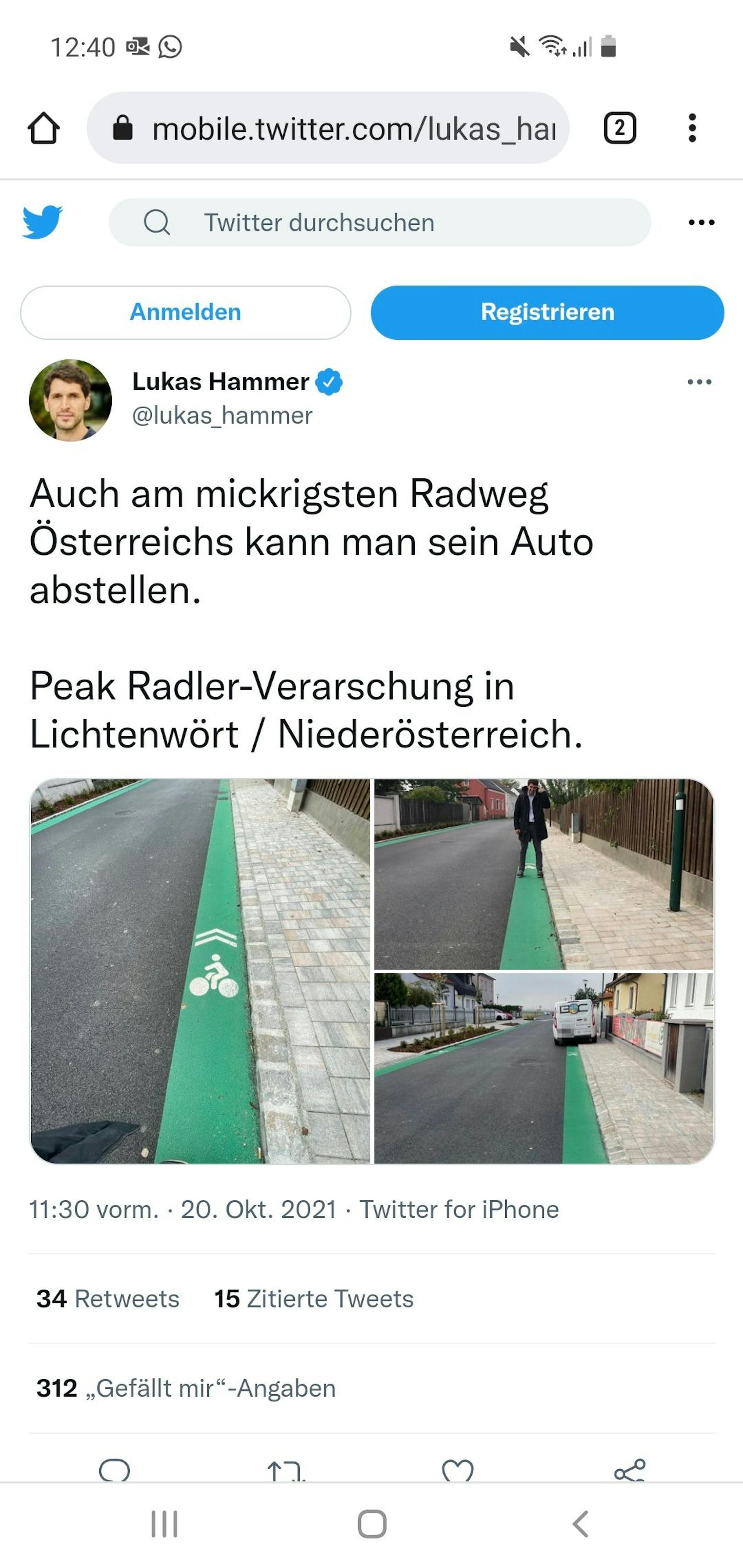 Ist das der kleinste Radweg Österreichs? Lukas Hammer ärgerte sich in Twitter-Beitrag.