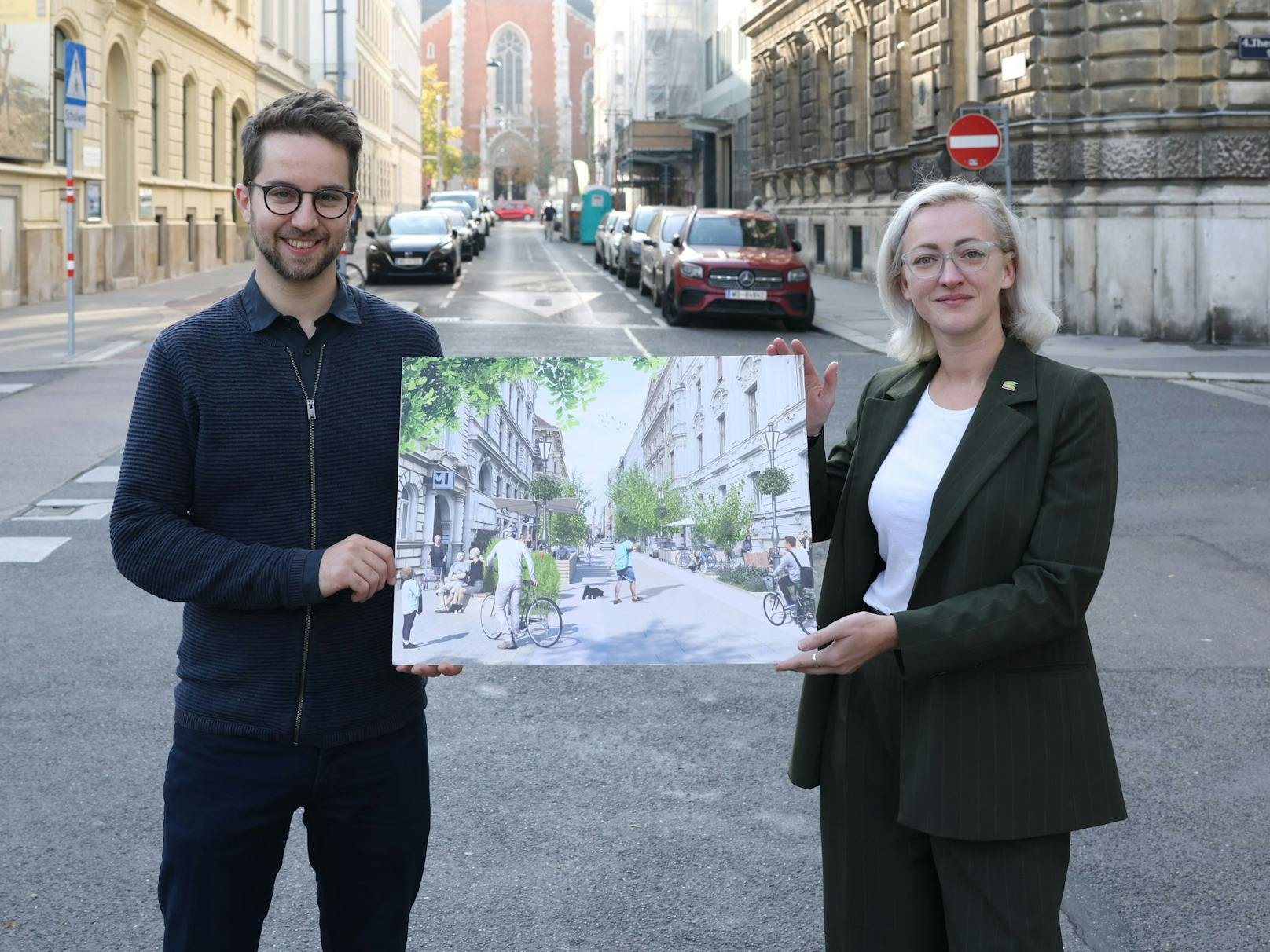Nach einer Befragung von 2.000 Anwohner präsentierten Bezirksvorsteher-Stellvertreterin Julia Tinhof (Grüne) und Mobilitätssprecher Kilian Stark (Grüne) die daraus entstandenen Vorschläge zur Umgestaltung der Argentinierstraße in Wien-Wieden.
