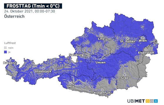 Nachtfrost: In den blau markierten Gebieten sank die Temperatur auf 0 oder darunter.