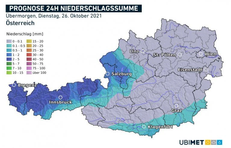 Niederschlagsprognose für den Nationalfeiertag: Im Westen nass, im Osten trocken.