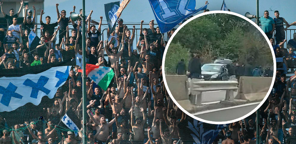 Italienische Ultras gehen auf der Autobahn auf Autos los. 