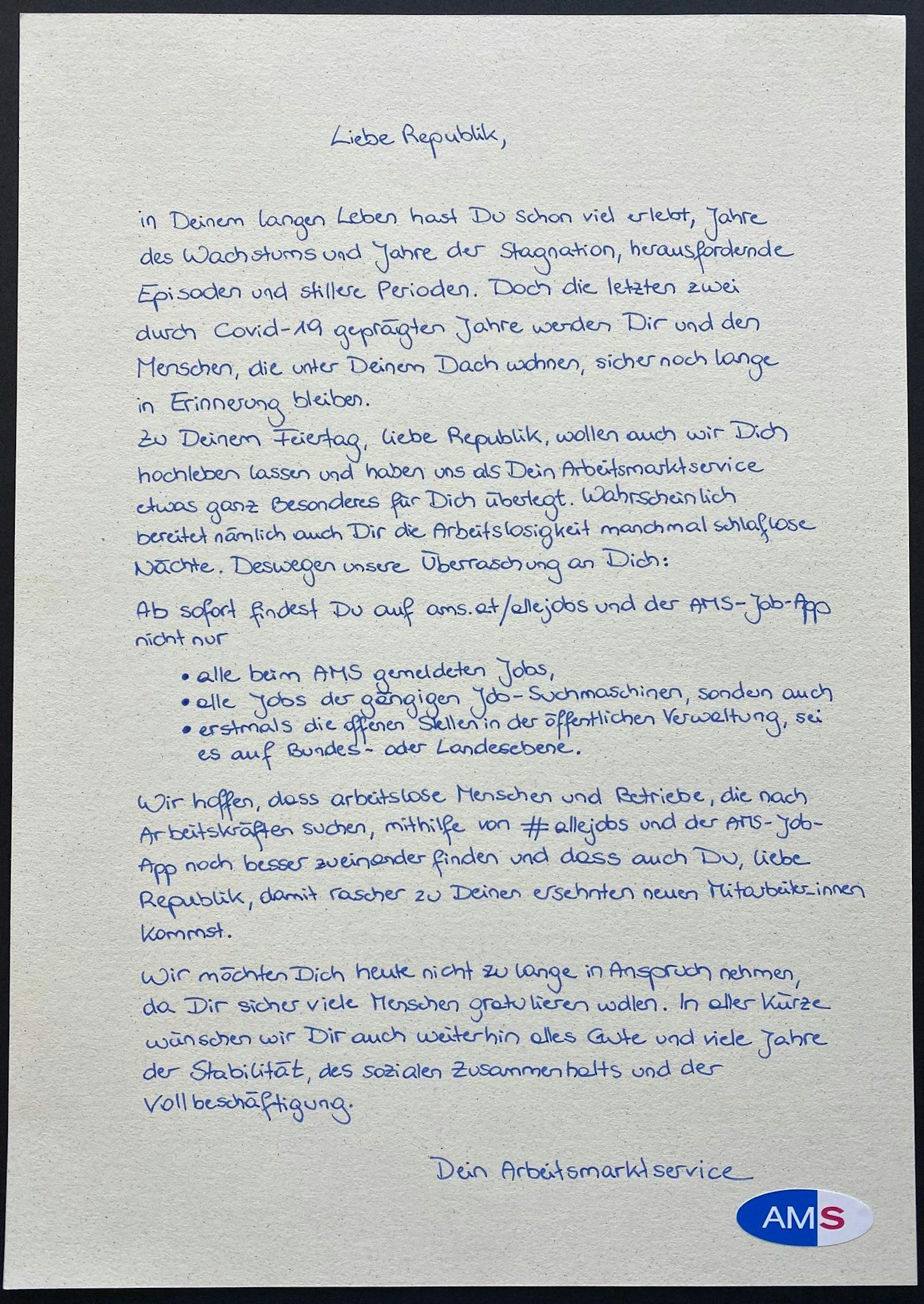 Handgeschriebener Brief des AMS an die Republik zum Nationalfeiertag.
