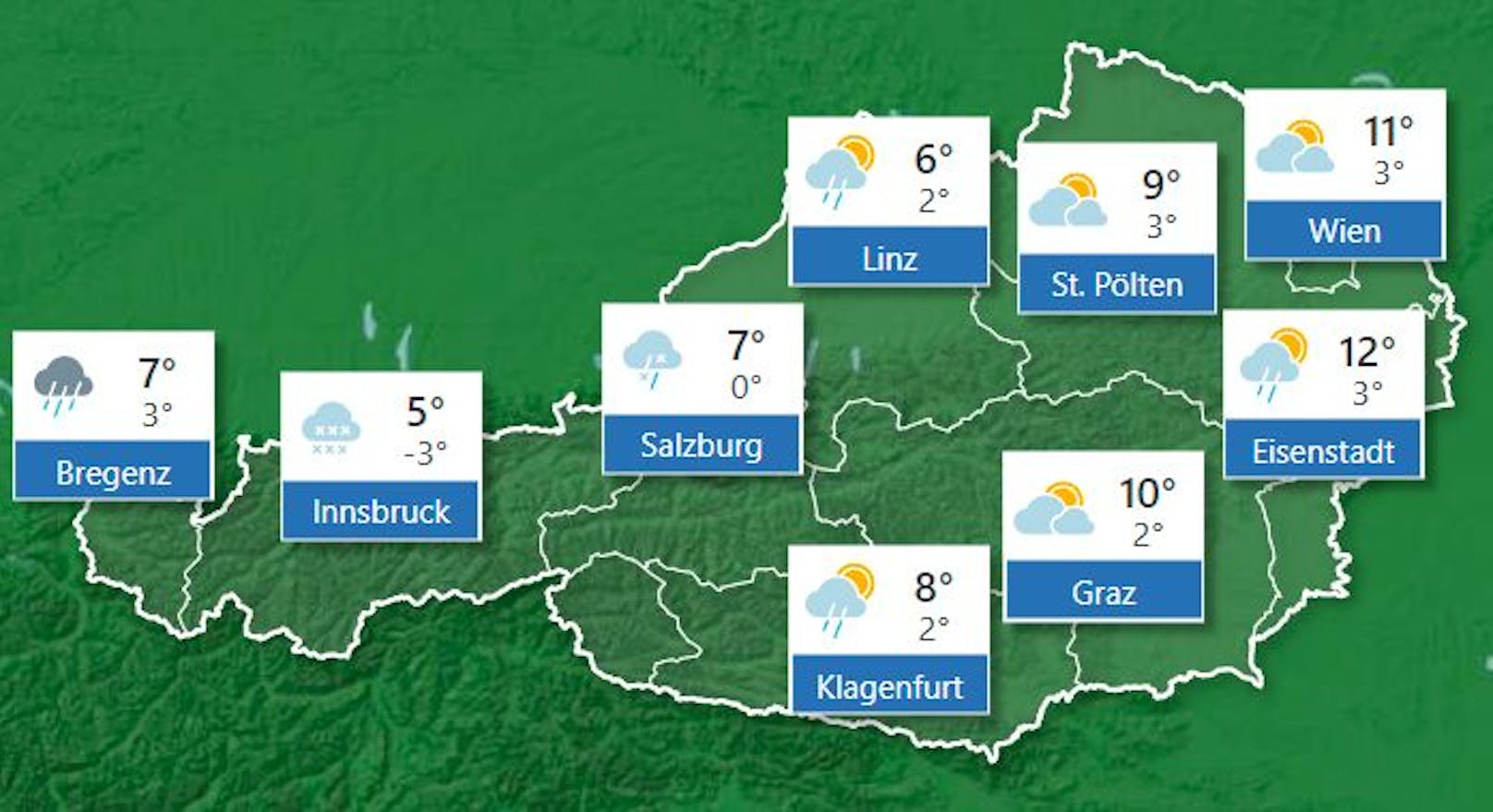 Für Freitag, 5. November, wird Schneefall in Innsbruck und Salzburg vorhergesagt. Stand der Prognose: 27. Oktober, 6 Uhr.