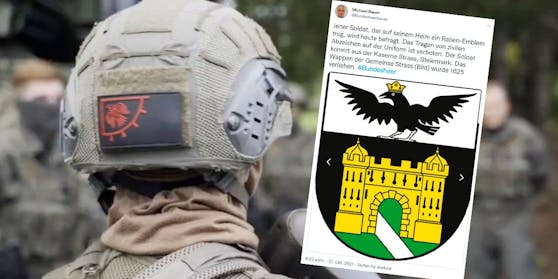 Das Rabenbanner auf dem Helm des Soldaten – Heeressprecher Michael Bauer brachte dann ein weiteres Wappen ins Spiel..