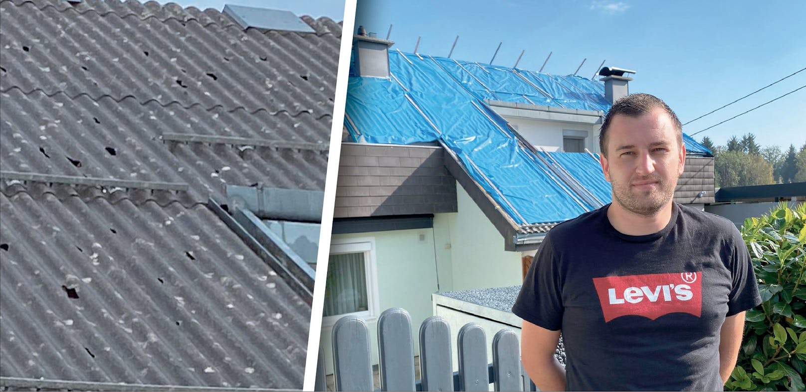 Die Hagelschäden am Dach von Florian Steidl (29) können erst im Frühjahr repariert werden. Die Planen bleiben daher auch über den Winter drauf.