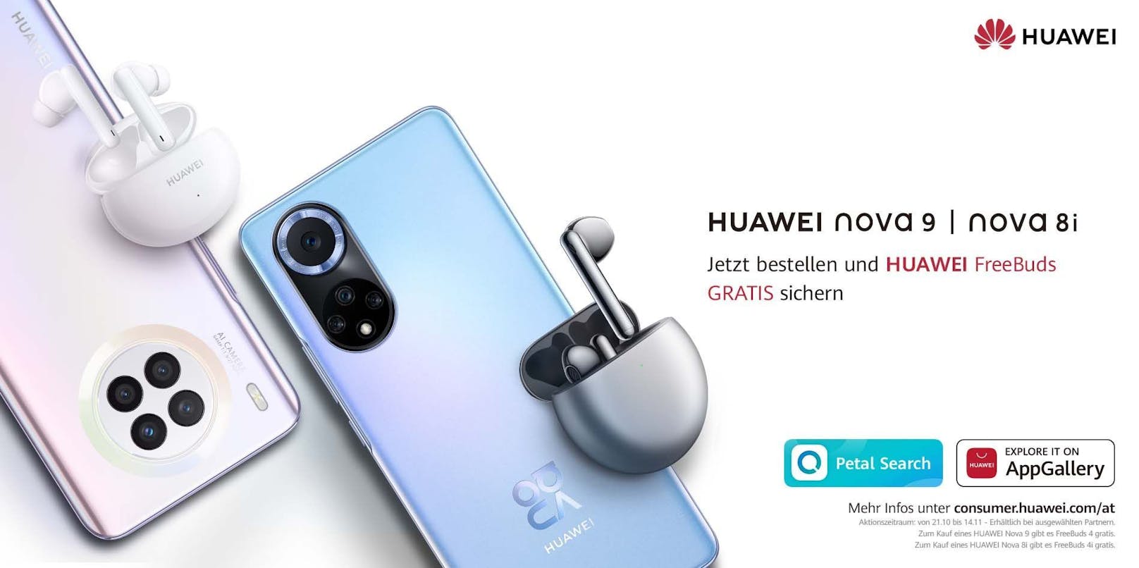 Wer bis 28. November das neue Huawei nova 9 kauft, bekommt die Huawei FreeBuds 4 Kopfhörer bei teilnehmenden Handelspartnern kostenlos dazu!