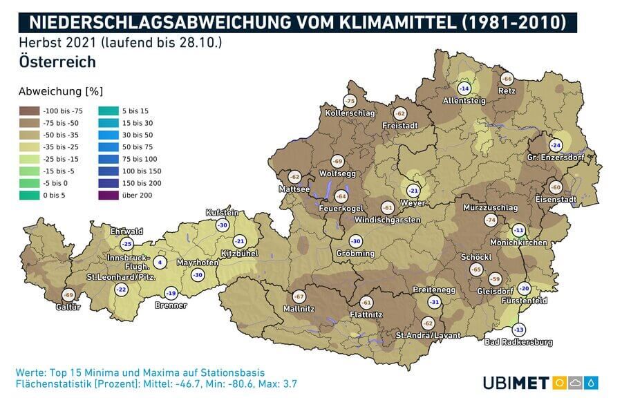 Niederschlagsanomalie für den Herbst bis zum 28.10.2021