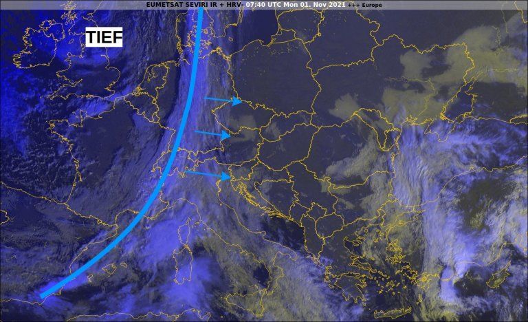 Die Kaltfront des Tiefs NAEL zwischen Schottland und Norwegen bringt bis Dienstagnachmittag verbreitet Regen.