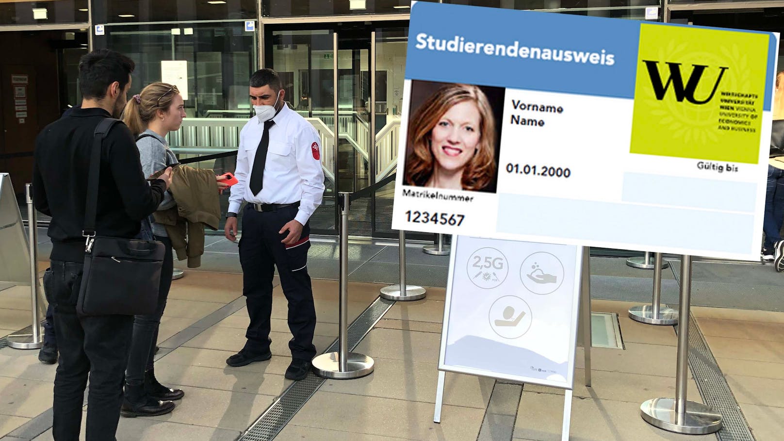 Vorm Betreten der Wiener Wirtschaftsuni wird – wie bei allen Unis – die Einhaltung der 2,5G-Regel kontrolliert. Geimpfte und Genesene können sich einen Fast Lane Sticker für ihren Studierendenausweis holen.