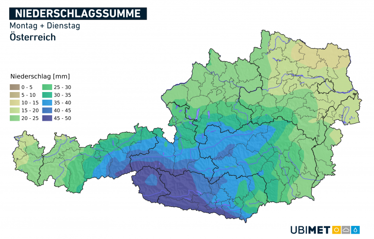 Erwartete Niederschlagssumme am Montag und Dienstag.