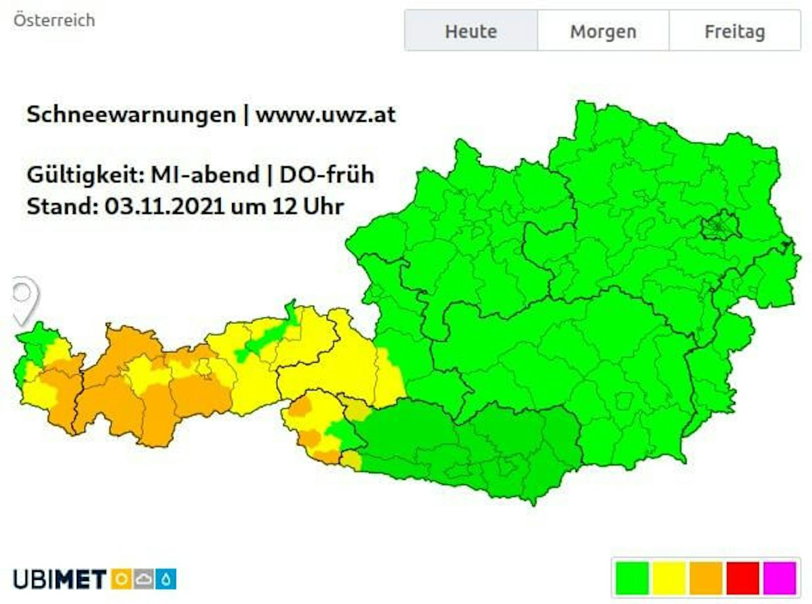 Schneewarnungen und – vorwarnungen am 03.11.2021 um 12 Uhr