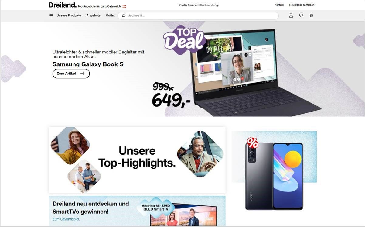 Relaunch von dreiland.at mit stark erweitertem Sortiment, inklusive Elektro, Weißware, Braunware, Sportartikel und Refurbished Ware.