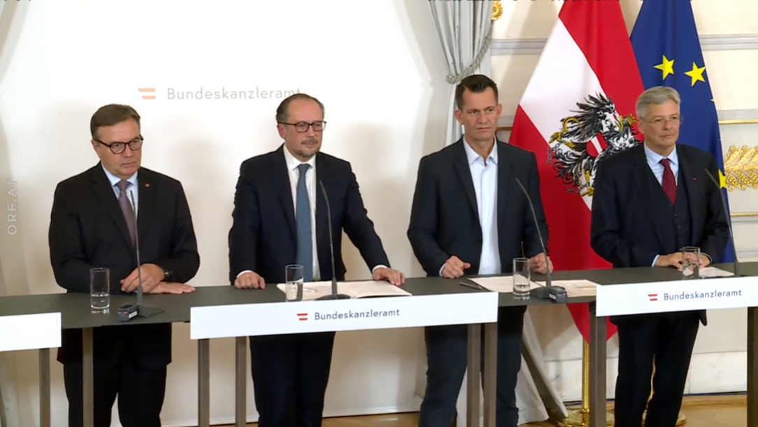 Tirols LH Günther Platter (ÖVP), Bundeskanzler Alexander Schallenberg (ÖVP), Gesundheitsminister Wolfgang Mückstein (Grüne) und Kärntens LH Peter Kaiser (SPÖ).