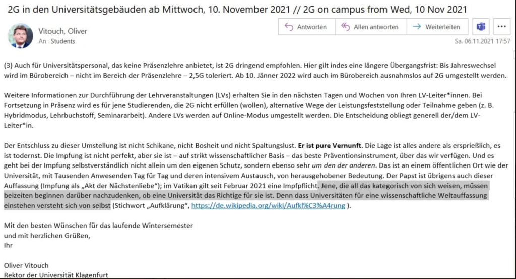 Rektor Oliver Vitouch kritisierte in einer Mail Impfverweigerer.