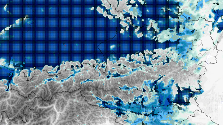 Nebelprognose (blau bzw. schraffiert) für Dienstagmorgen vom ICON-D2-Modell.