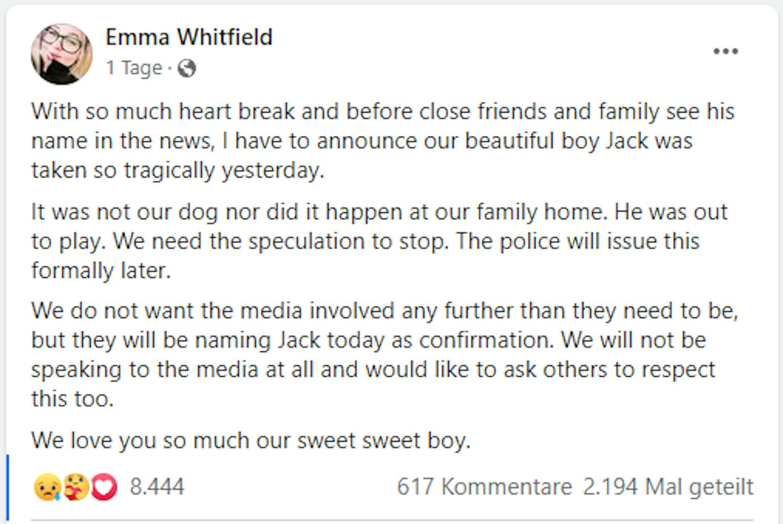 Jack Lis' Mutter machte die Tragödie in diesem Facebook-Beitrag öffentlich.