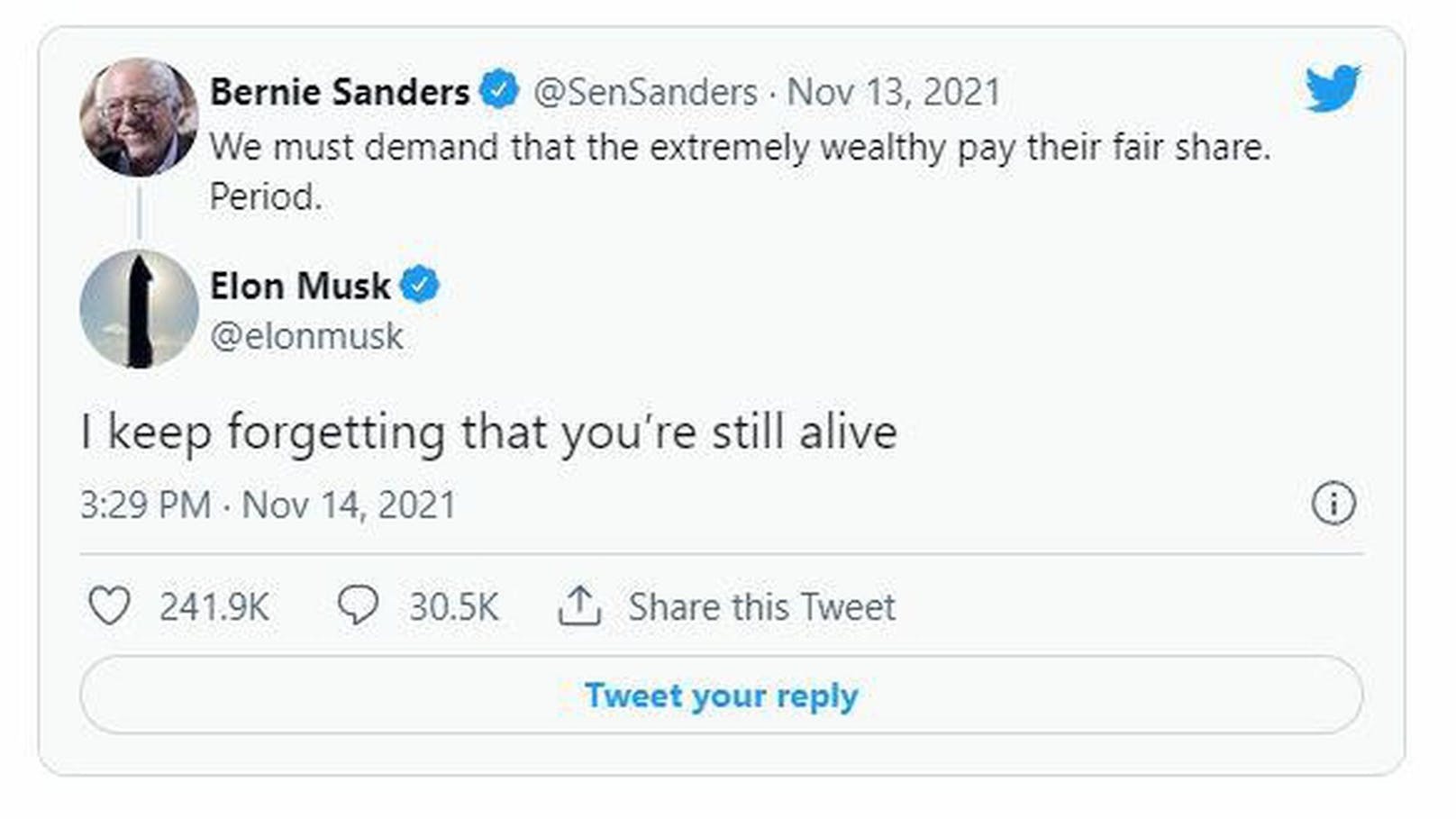 Die Antwort von Musk auf den Tweet von Sanders.